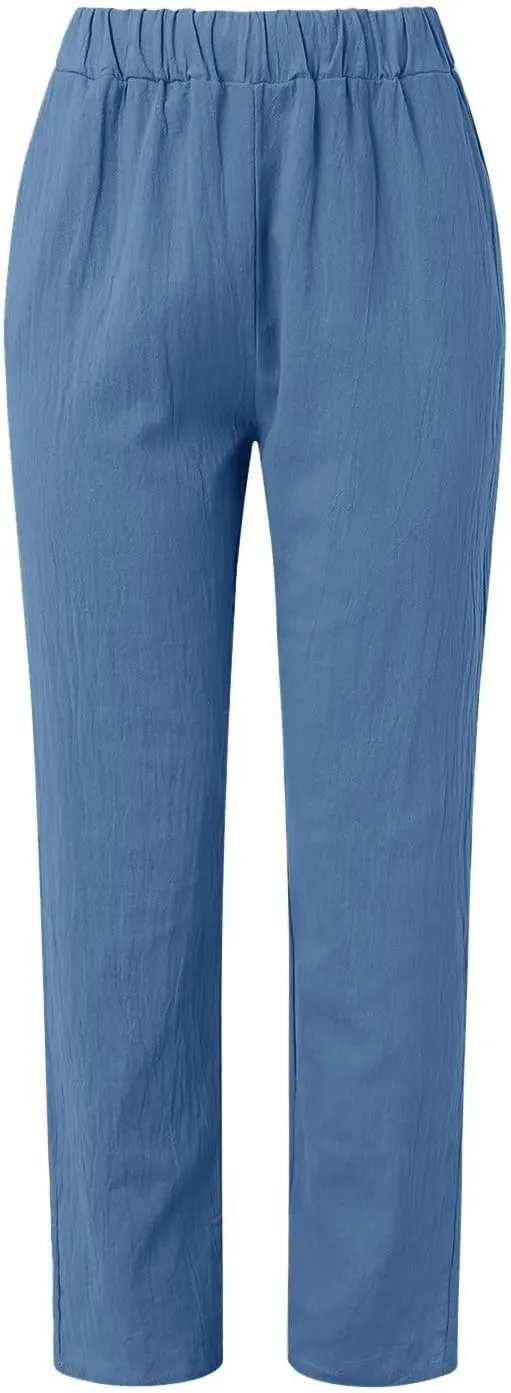 Linen Pants for Women 2025 Pants Stripe Print Side Trendy Pants Baggy Elastic Waist Straight Leg Comfy Beach Trousers