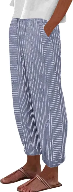 Linen Pants for Women 2025 Pants Stripe Print Side Trendy Pants Baggy Elastic Waist Straight Leg Comfy Beach Trousers