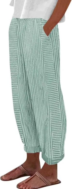 Linen Pants for Women 2025 Pants Stripe Print Side Trendy Pants Baggy Elastic Waist Straight Leg Comfy Beach Trousers