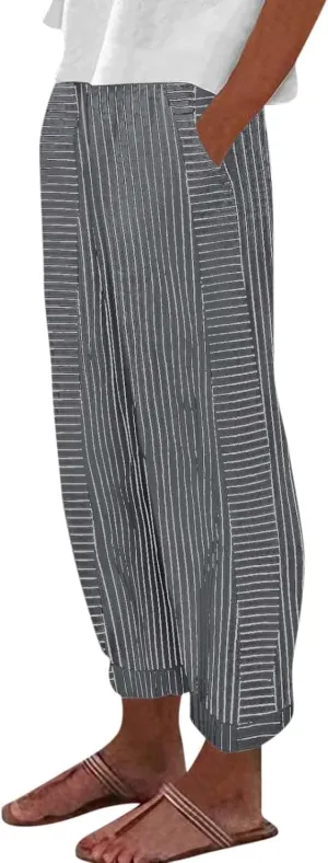 Linen Pants for Women 2025 Pants Stripe Print Side Trendy Pants Baggy Elastic Waist Straight Leg Comfy Beach Trousers