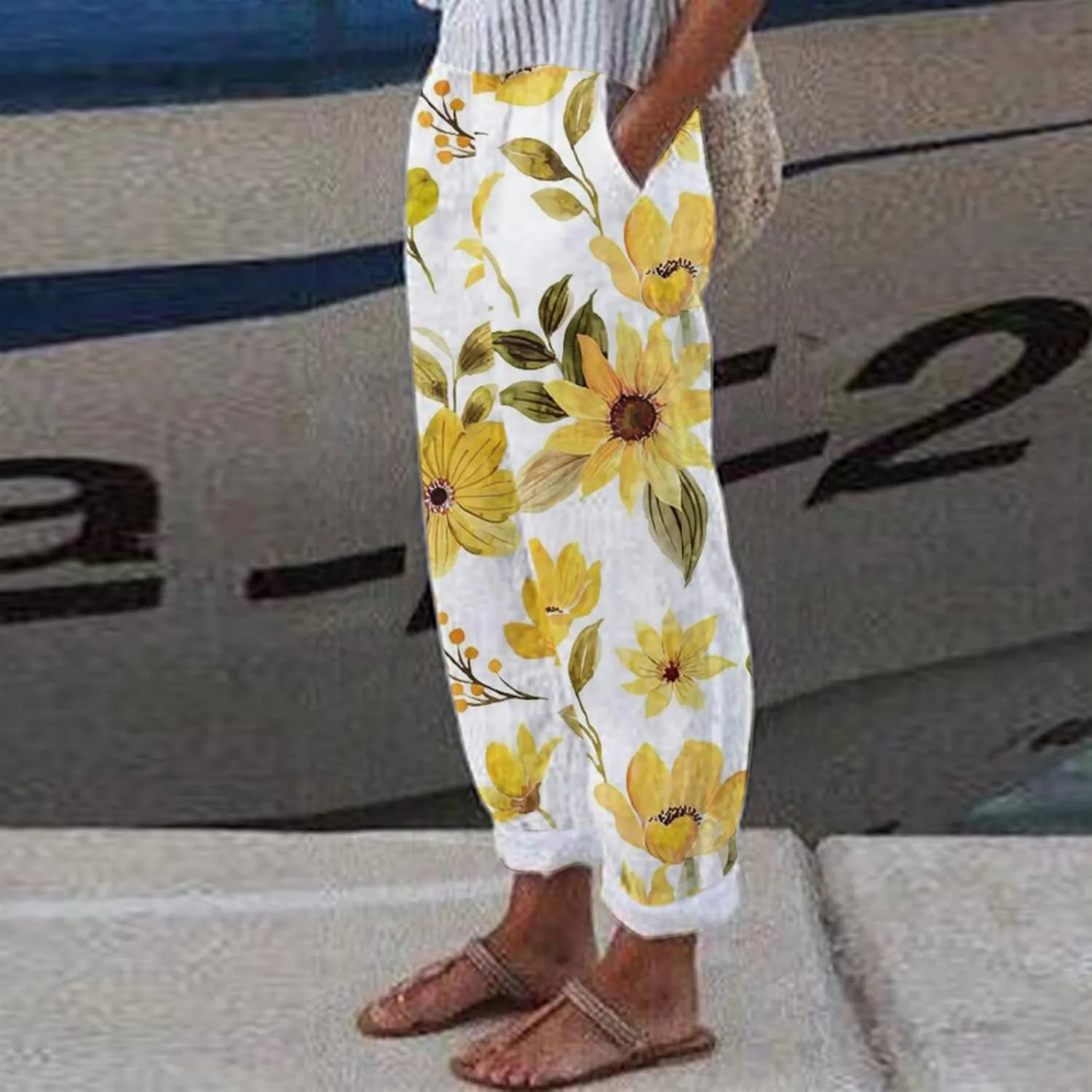 Linen Pants for Women 2025 Pants Stripe Print Side Trendy Pants Baggy Elastic Waist Straight Leg Comfy Beach Trousers