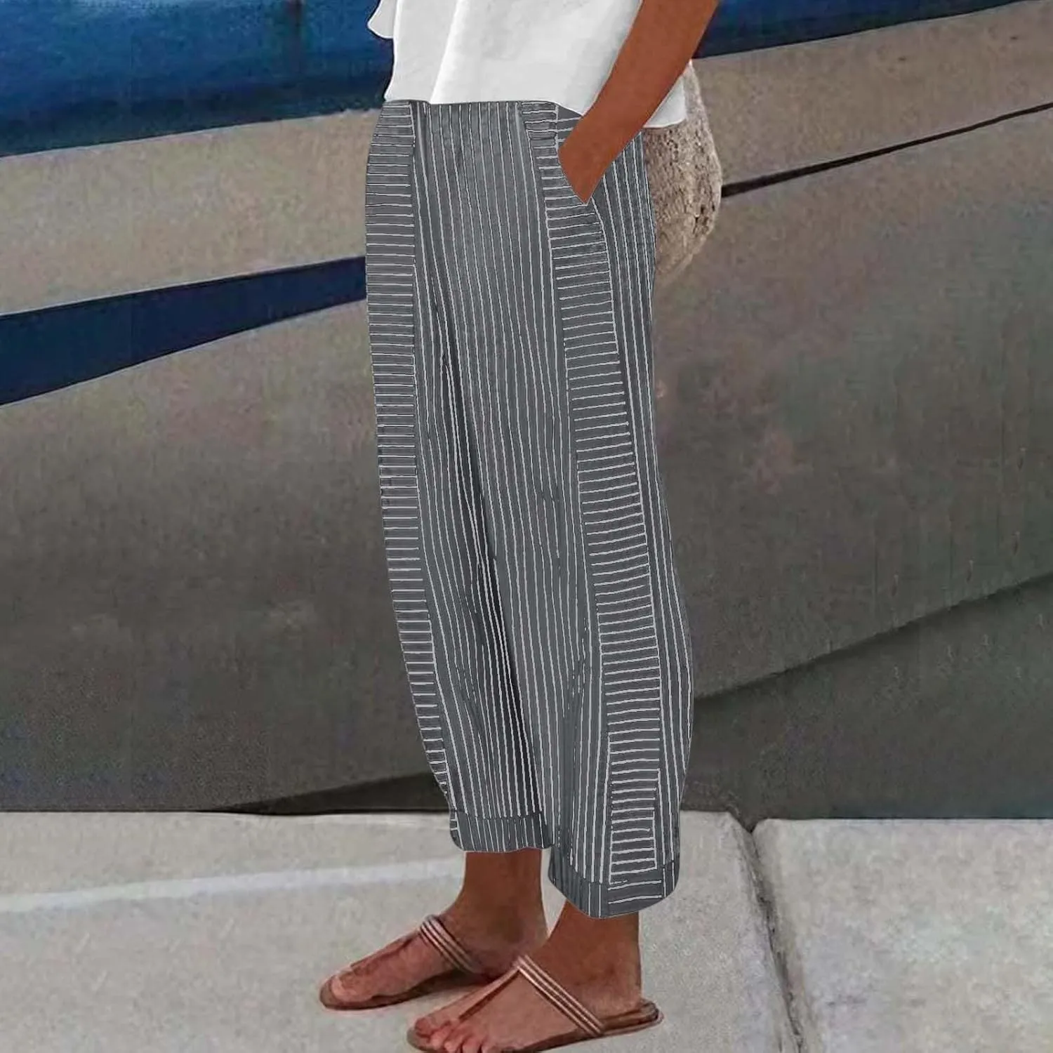 Linen Pants for Women 2025 Pants Stripe Print Side Trendy Pants Baggy Elastic Waist Straight Leg Comfy Beach Trousers
