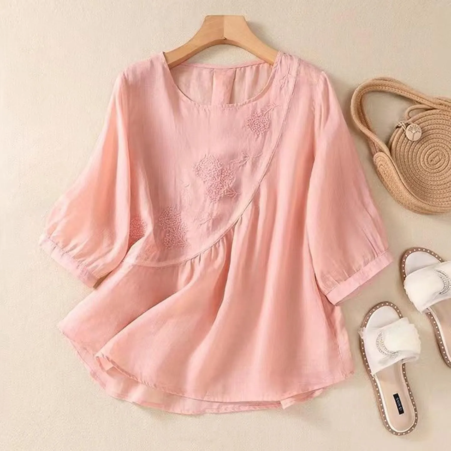 Linen Shirts for Women Vintage Embroidered Blouse Short Sleeve Summer Casual Dressy Loose Crew Neck Boho Tops
