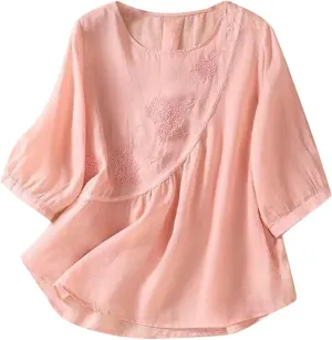 Linen Shirts for Women Vintage Embroidered Blouse Short Sleeve Summer Casual Dressy Loose Crew Neck Boho Tops
