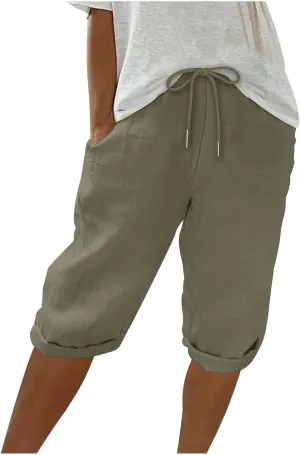 Linen Shorts for Women Knee Length Bermuda Shorts Drawstring Elastic Waist Summer Casual Gym Shorts with Pockets