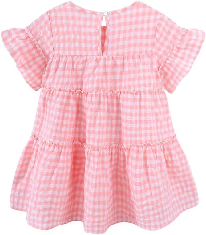 Little Girls Dresses Short Sleeve Cotton Plaid Kids Summer Dress