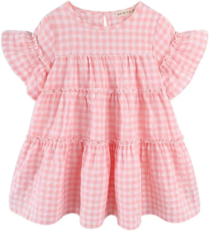 Little Girls Dresses Short Sleeve Cotton Plaid Kids Summer Dress