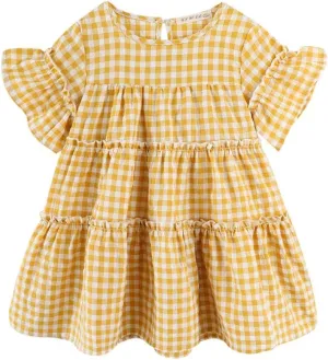 Little Girls Dresses Short Sleeve Cotton Plaid Kids Summer Dress