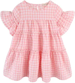 Little Girls Dresses Short Sleeve Cotton Plaid Kids Summer Dress