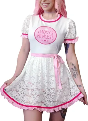 Littleforbig Adult Baby Diaper Lover ABDL Button Crotch Romper Onesie - Daddy's Princess Lacy Dress