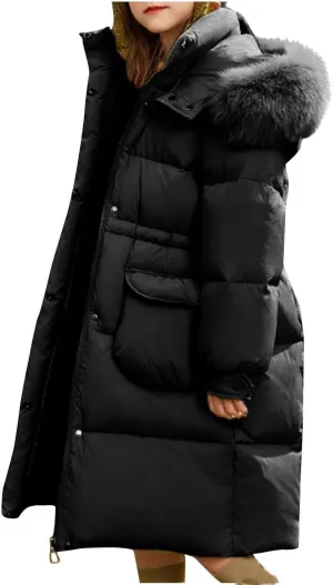 Long Puffer Coat for Girls Warm Winter Down Jacket Zipper Windproof Thickened Cotton Outwear with Faux Fur Hood