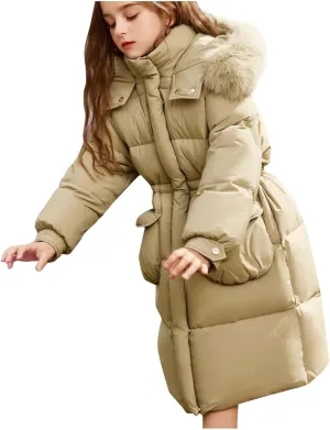 Long Puffer Coat for Girls Warm Winter Down Jacket Zipper Windproof Thickened Cotton Outwear with Faux Fur Hood