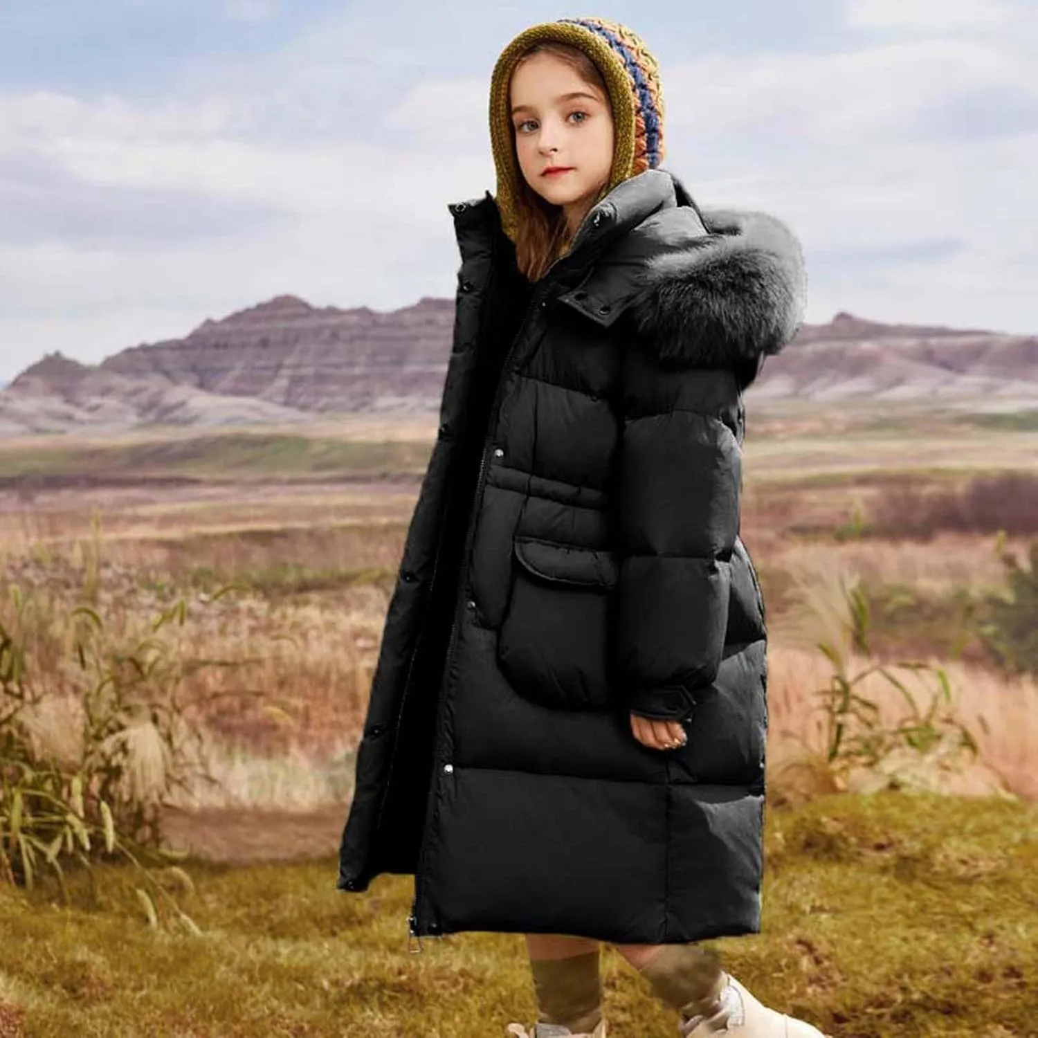 Long Puffer Coat for Girls Warm Winter Down Jacket Zipper Windproof Thickened Cotton Outwear with Faux Fur Hood