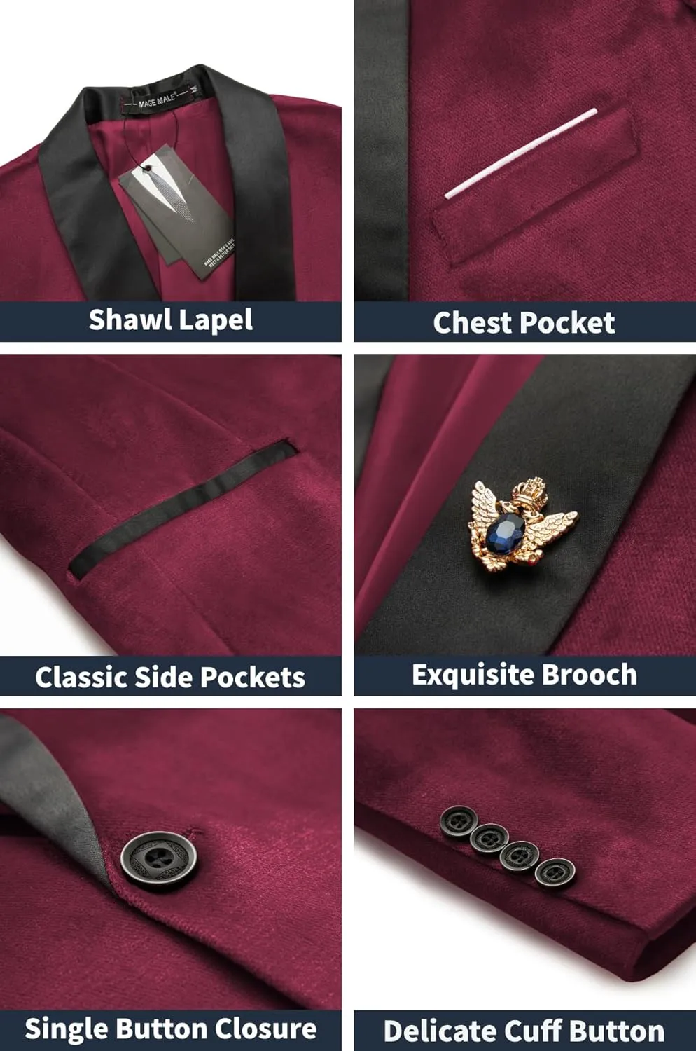 MAGE MALE Men's Velvet Slim Fit Suit Blazer Jacket Shawl Lapel One Button Dinner Prom Wedding Tuxedo