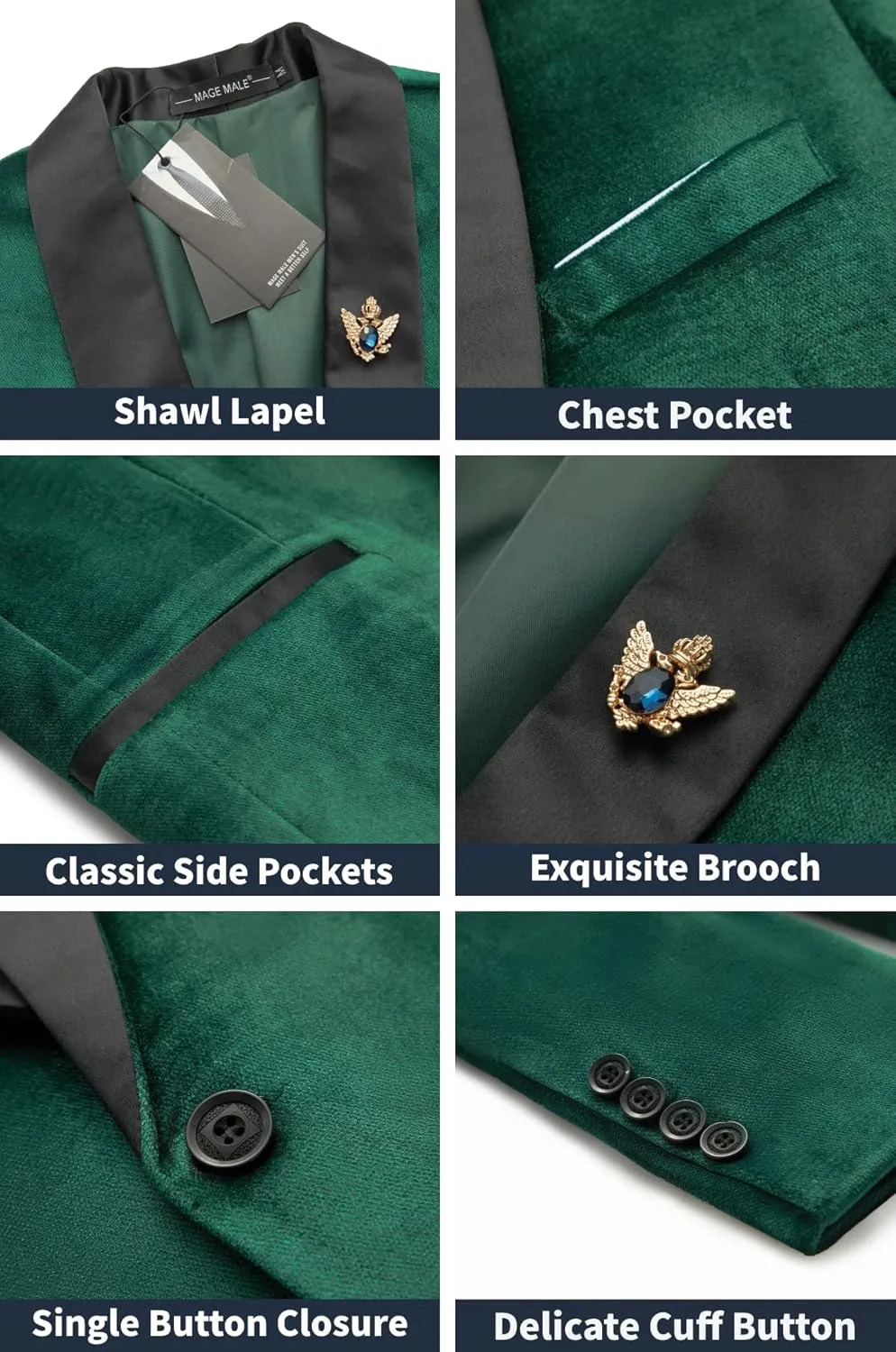 MAGE MALE Men's Velvet Slim Fit Suit Blazer Jacket Shawl Lapel One Button Dinner Prom Wedding Tuxedo
