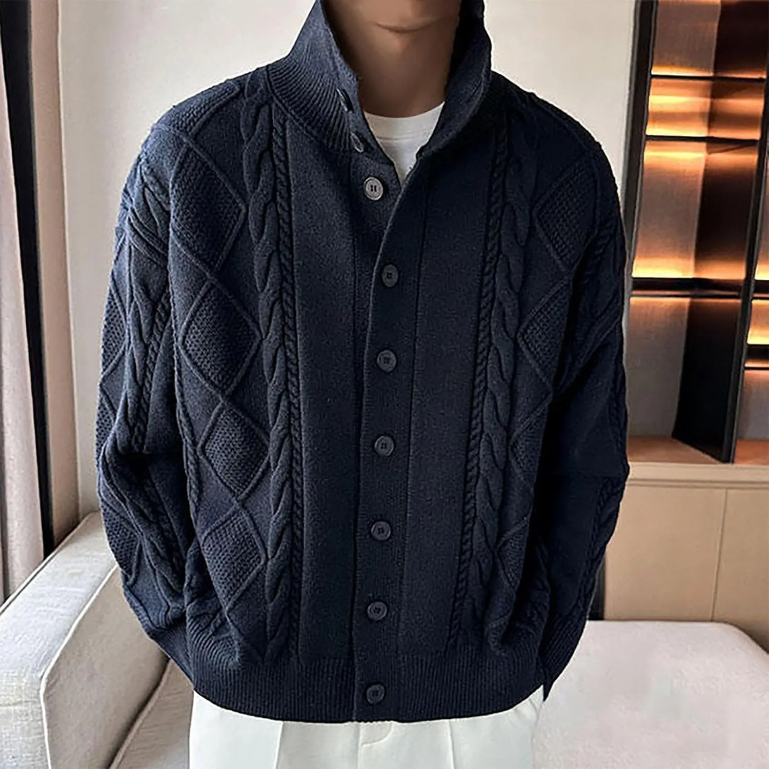 Men Cable Knit Cardigan Button Down Knit Sweater Stand Collar Long Sleeve Sweater Casual Open Front Cardigan