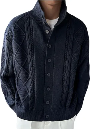 Men Cable Knit Cardigan Button Down Knit Sweater Stand Collar Long Sleeve Sweater Casual Open Front Cardigan