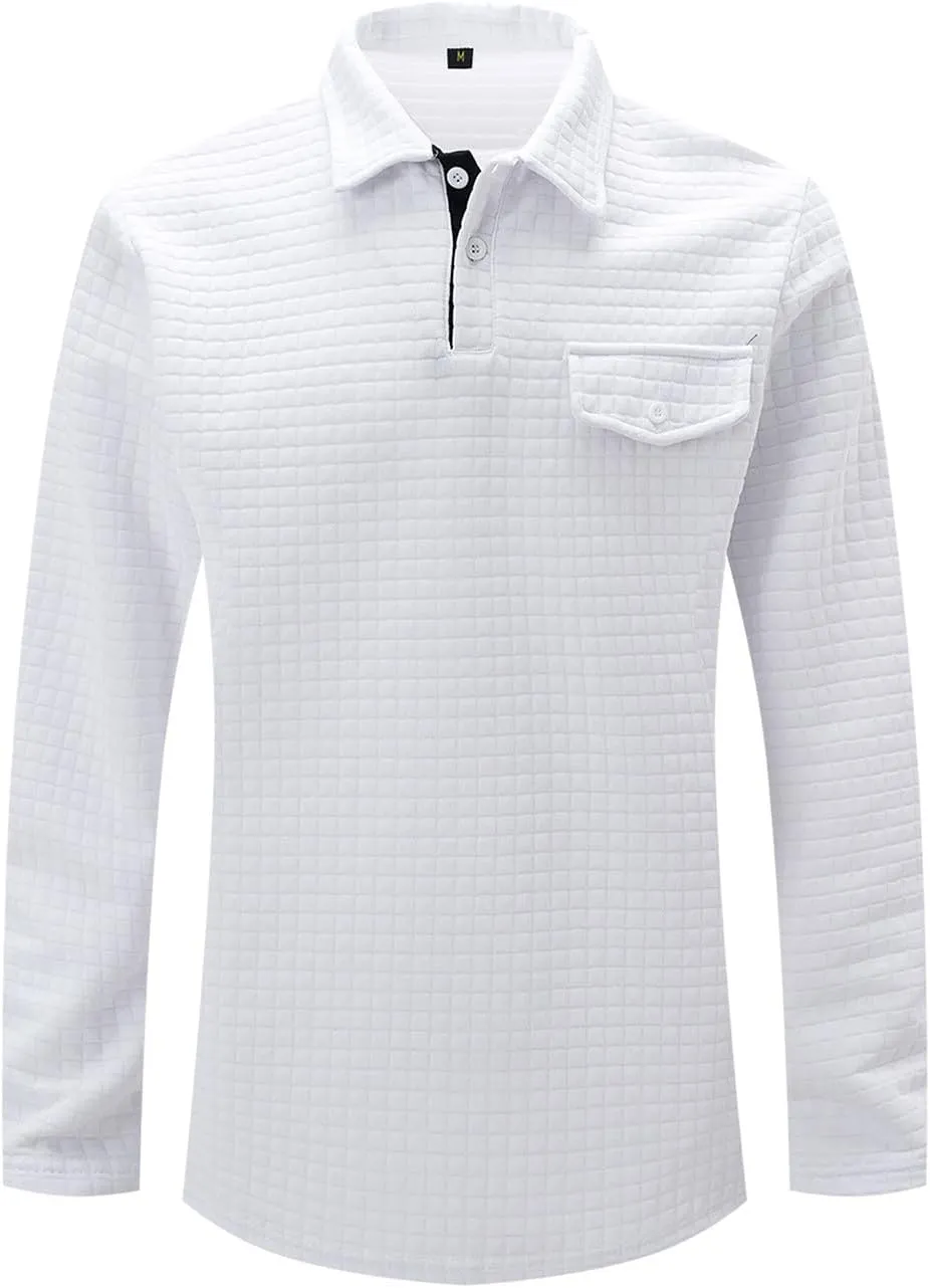 Men Golf Shirts Lapel Pullovers Waffle Classic Polo Shirts Button V-Neck Lounging Holiday Travelling Wears Clothes