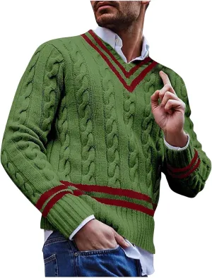 Mens Cable Knit V Neck Sweaters Color Block Pullover Sweater Long Sleeve Twist Sweater Casual Pullover Fashion Tops