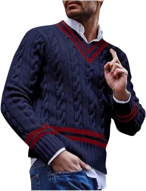 Mens Cable Knit V Neck Sweaters Color Block Pullover Sweater Long Sleeve Twist Sweater Casual Pullover Fashion Tops