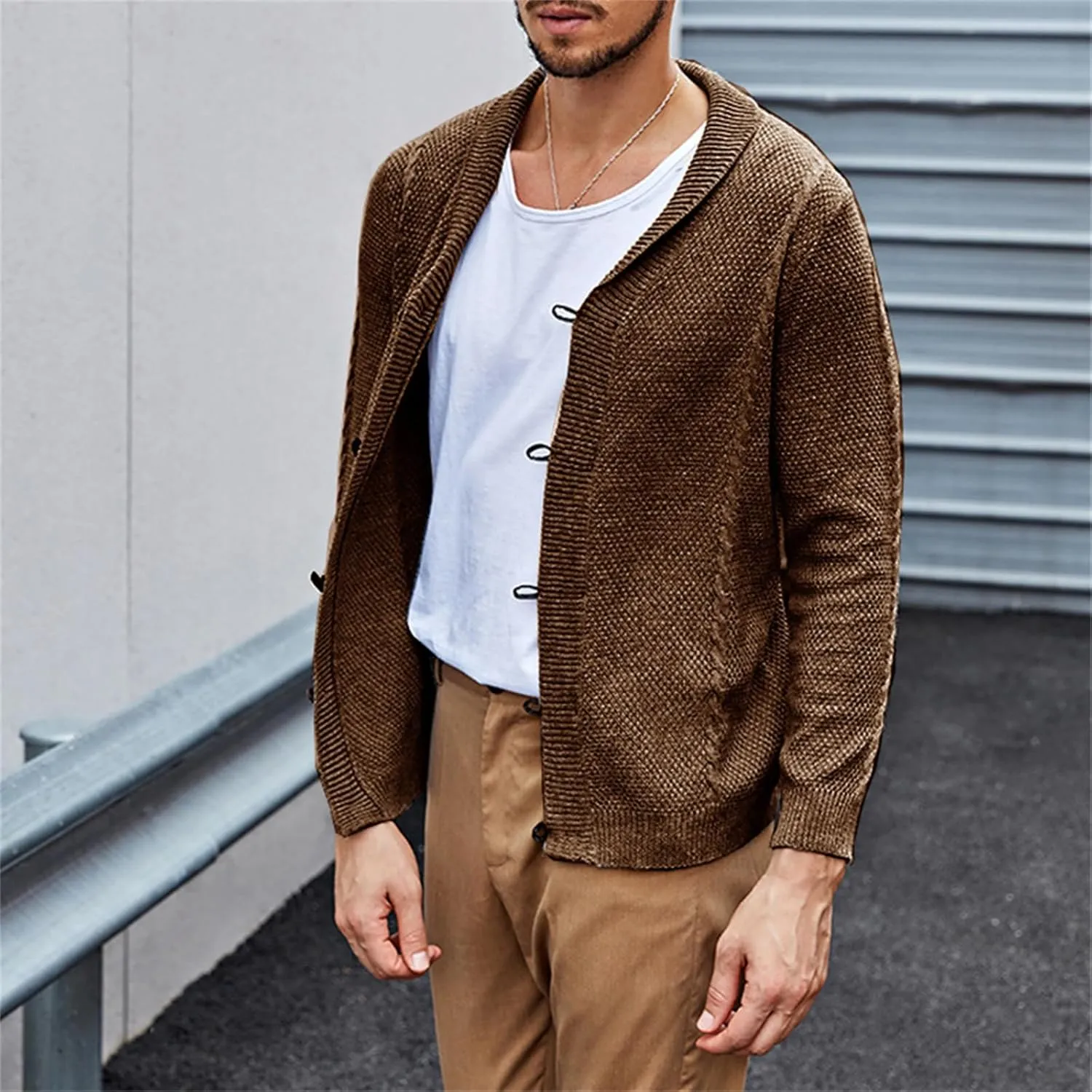 Men's Casual Cardigan Cable Knitted Sweater Cotton Button Down Relax Fit V-Neck Long Sleeve Jacket