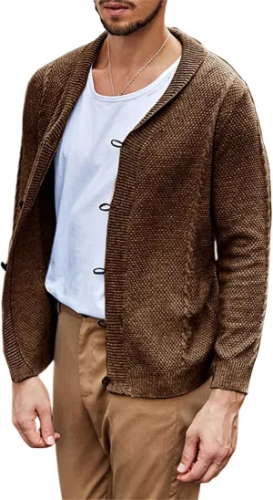 Men's Casual Cardigan Cable Knitted Sweater Cotton Button Down Relax Fit V-Neck Long Sleeve Jacket
