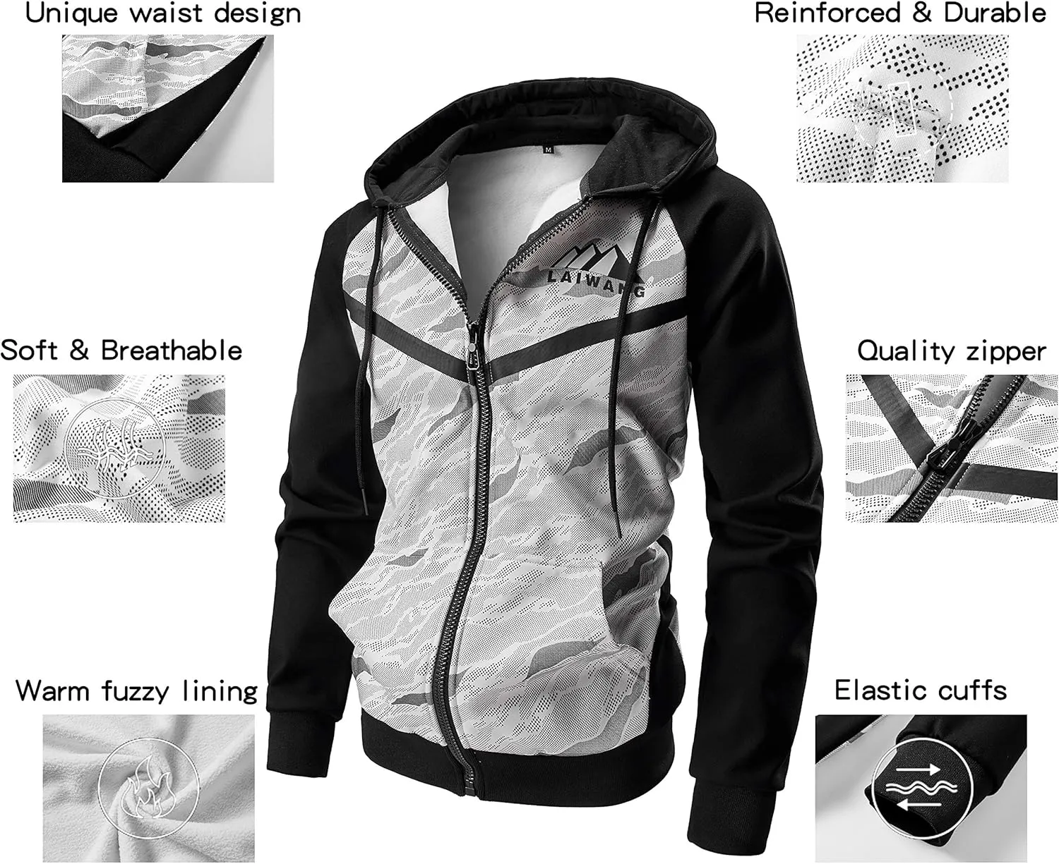 Men's Color Block Hoodie-Full Zip Ultimate Heavyweight Fleece Hoodie-Camo zip up hoodie With Kanga Pocket