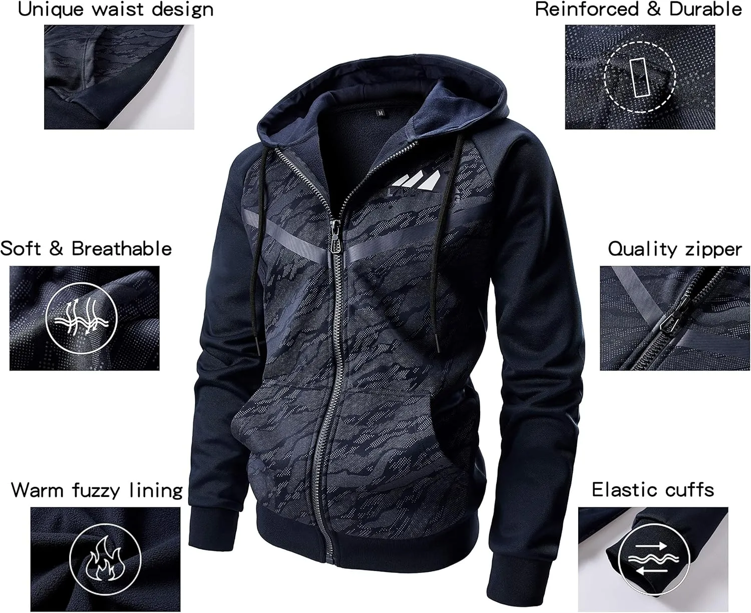 Men's Color Block Hoodie-Full Zip Ultimate Heavyweight Fleece Hoodie-Camo zip up hoodie With Kanga Pocket