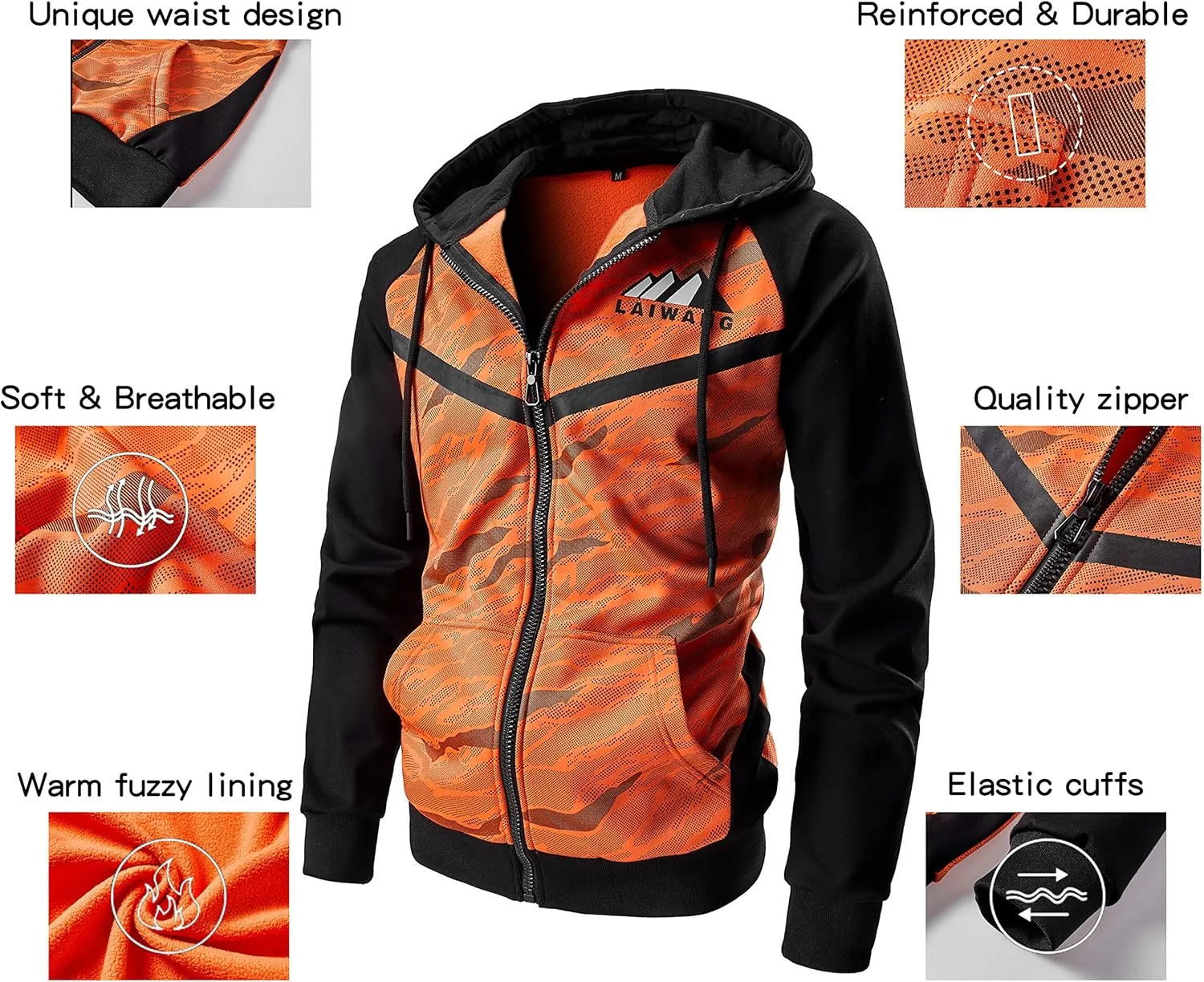 Men's Color Block Hoodie-Full Zip Ultimate Heavyweight Fleece Hoodie-Camo zip up hoodie With Kanga Pocket