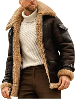 Mens Faux Fur Jacket Sherpa Lined Fleece Shearling Coat Warm Military Cargo Truck Aviator Bomber Jackets Outwear