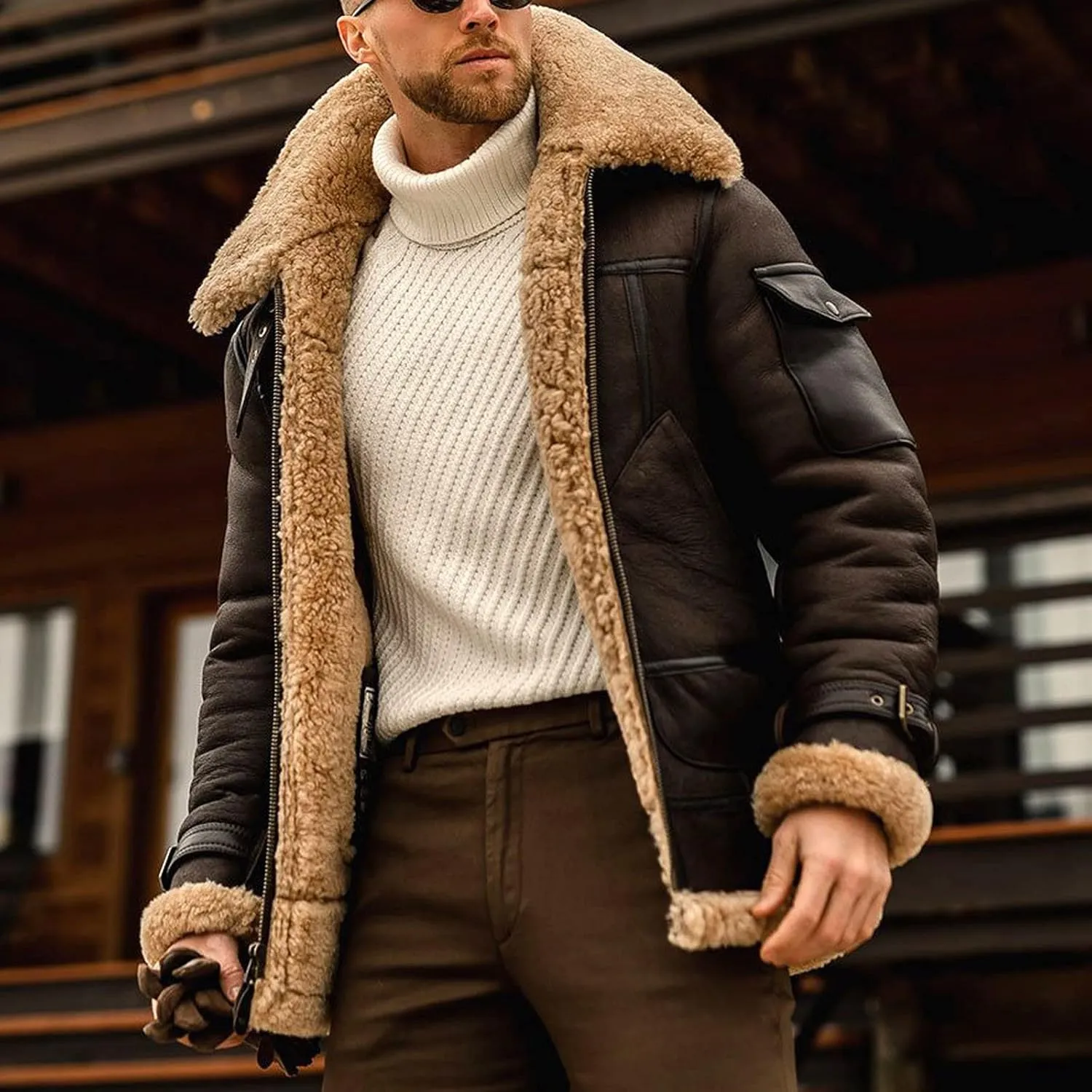 Mens Faux Fur Jacket Sherpa Lined Fleece Shearling Coat Warm Military Cargo Truck Aviator Bomber Jackets Outwear