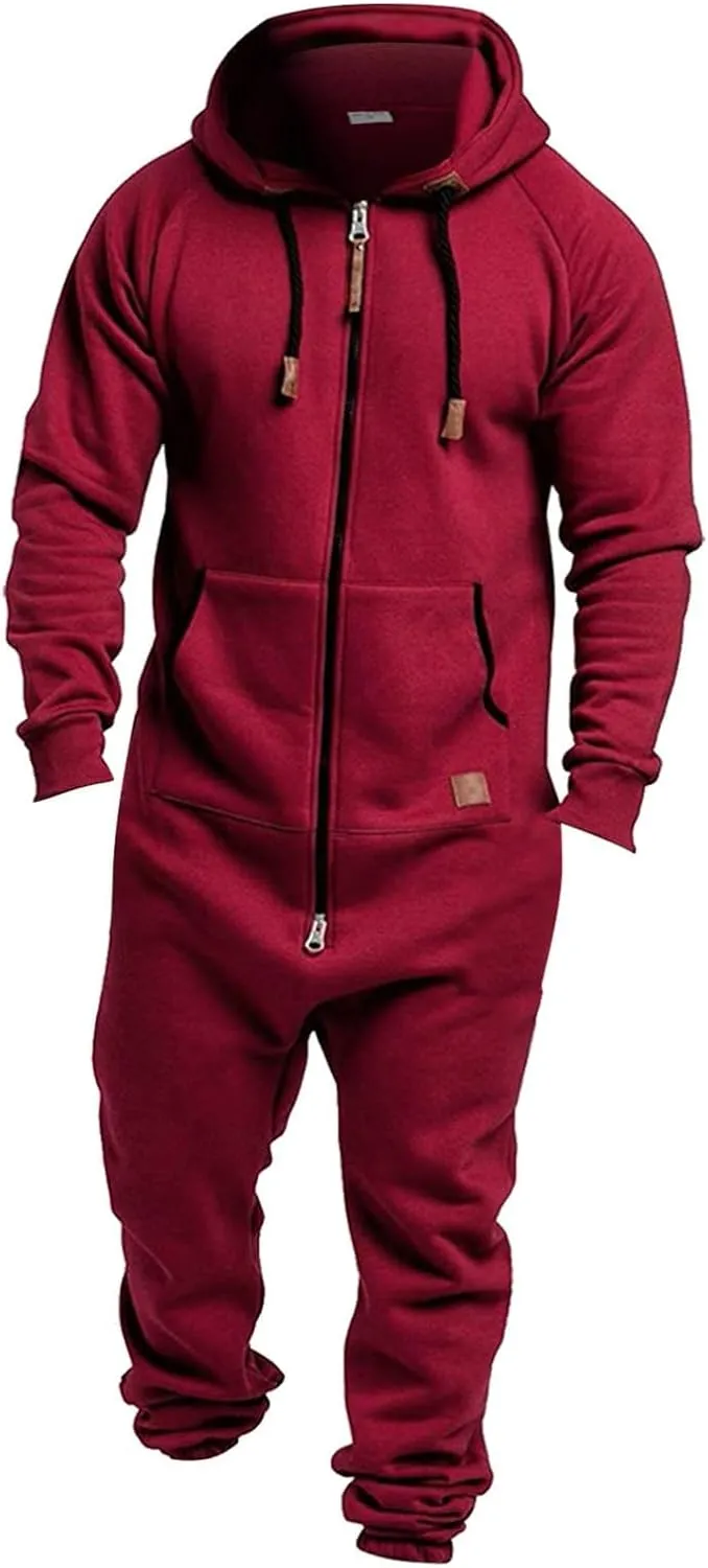 Men's Fleece Lined Hooded Jumpsuit Zip Up One Piece Pajamas Playsuit Jogger Sweatsuit Overall Romper