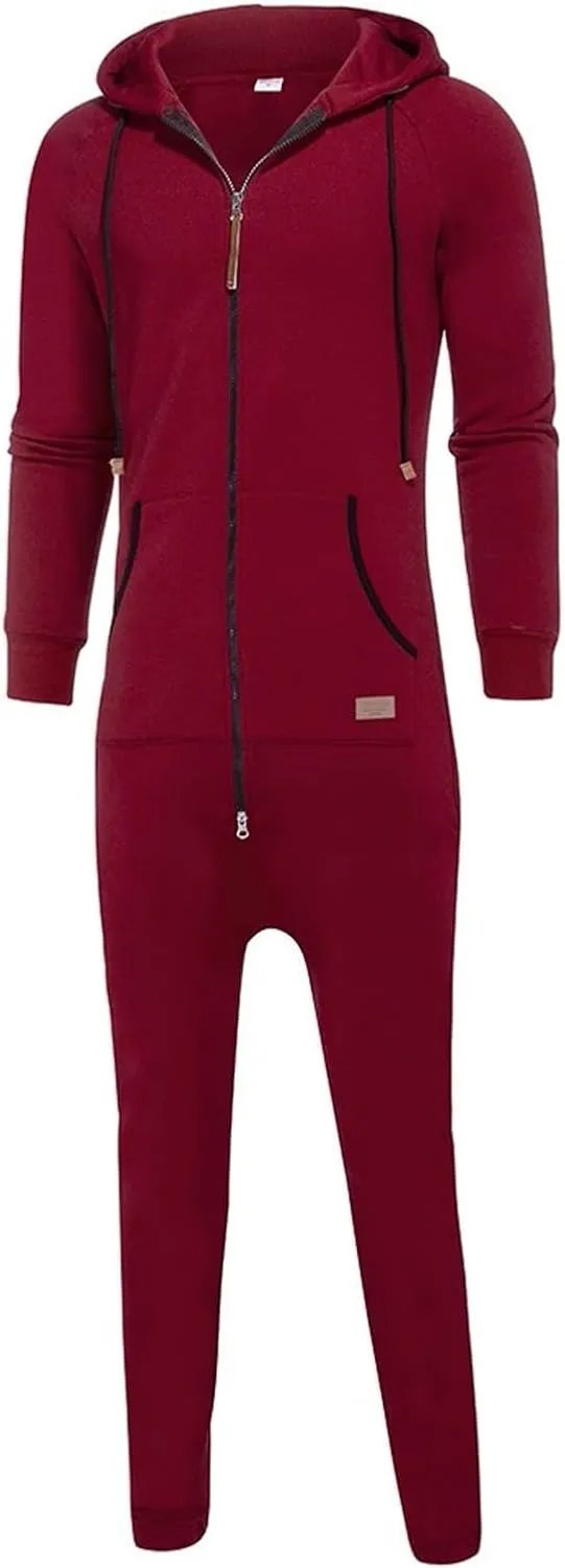 Men's Fleece Lined Hooded Jumpsuit Zip Up One Piece Pajamas Playsuit Jogger Sweatsuit Overall Romper