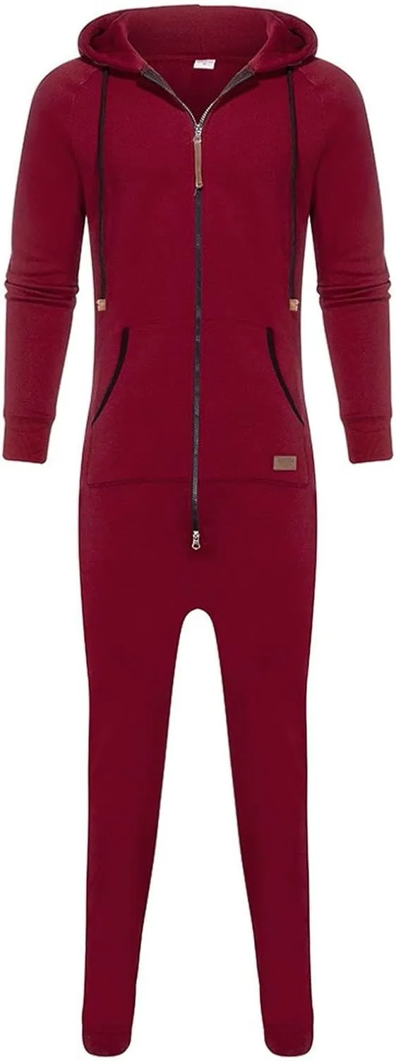 Men's Fleece Lined Hooded Jumpsuit Zip Up One Piece Pajamas Playsuit Jogger Sweatsuit Overall Romper