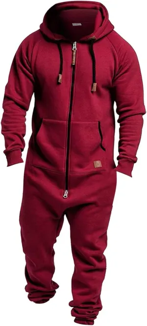 Men's Fleece Lined Hooded Jumpsuit Zip Up One Piece Pajamas Playsuit Jogger Sweatsuit Overall Romper