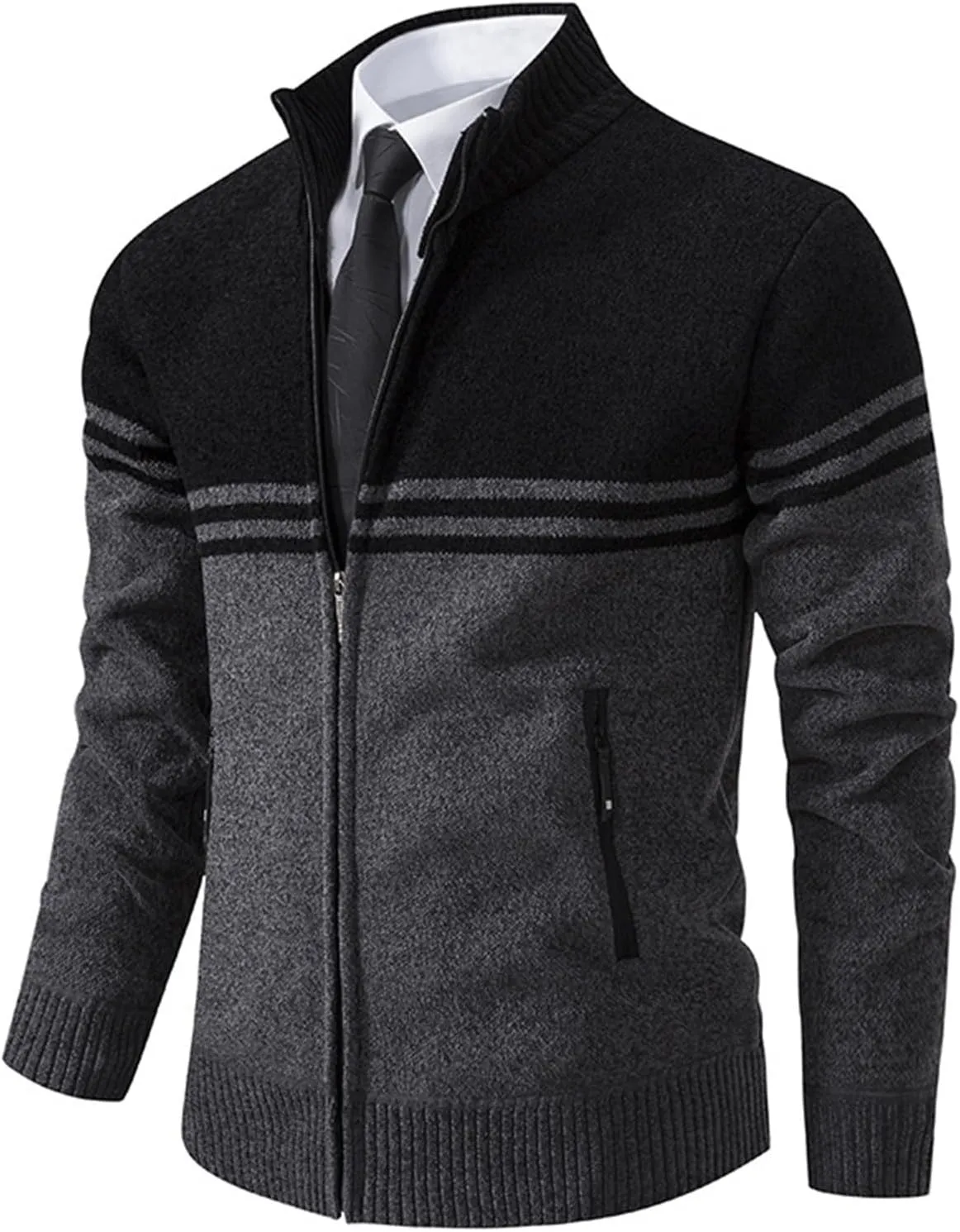 Men's Full Zip Knitted Cardigan Sweater Stand Collar Slim Fit Casual Long Sleeve Cable Knit Sweater with Pockets