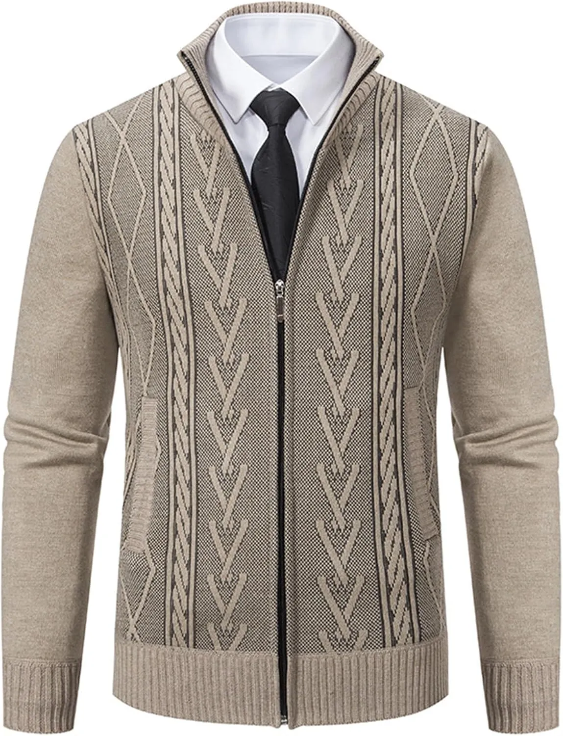 Men's Full Zip Knitted Cardigan Sweater Stand Collar Slim Fit Casual Long Sleeve Cable Knit Sweater with Pockets