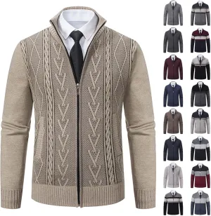 Men's Full Zip Knitted Cardigan Sweater Stand Collar Slim Fit Casual Long Sleeve Cable Knit Sweater with Pockets