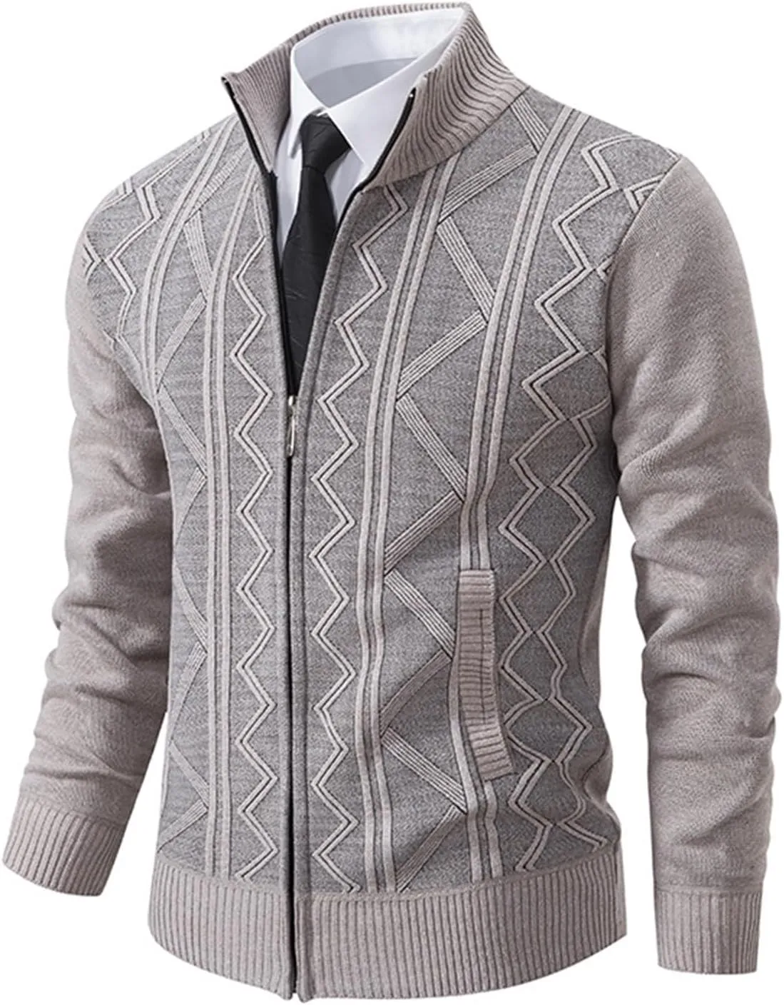 Men's Full Zip Knitted Cardigan Sweater Stand Collar Slim Fit Casual Long Sleeve Cable Knit Sweater with Pockets