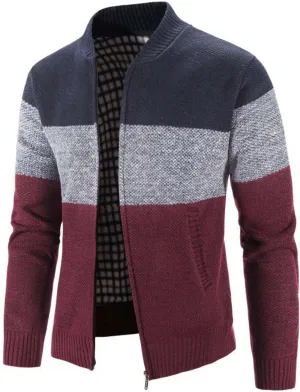 Men's Full Zip Knitted Cardigan Sweater Stand Collar Slim Fit Casual Long Sleeve Cable Knit Sweater with Pockets