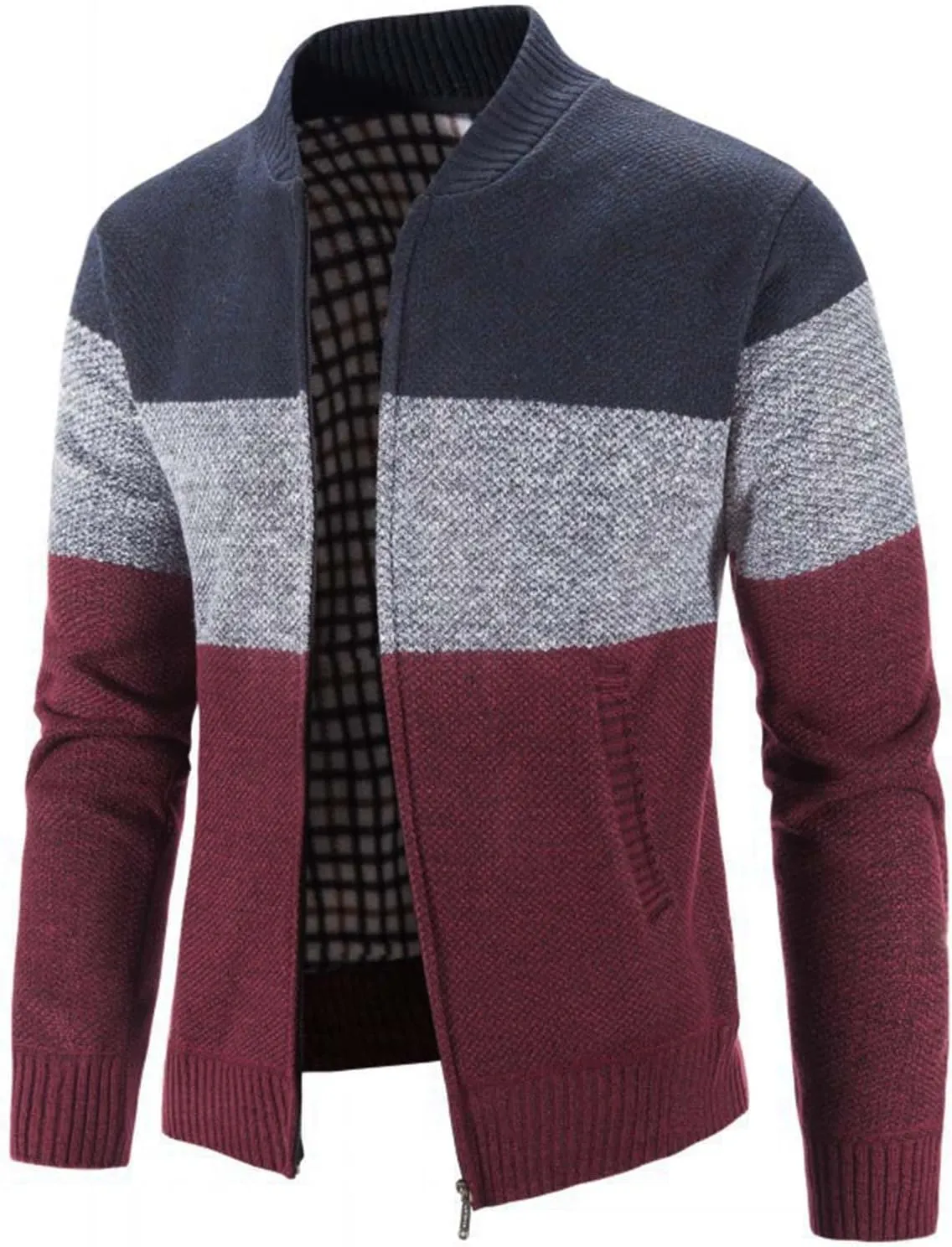 Men's Full Zip Knitted Cardigan Sweater Stand Collar Slim Fit Casual Long Sleeve Cable Knit Sweater with Pockets