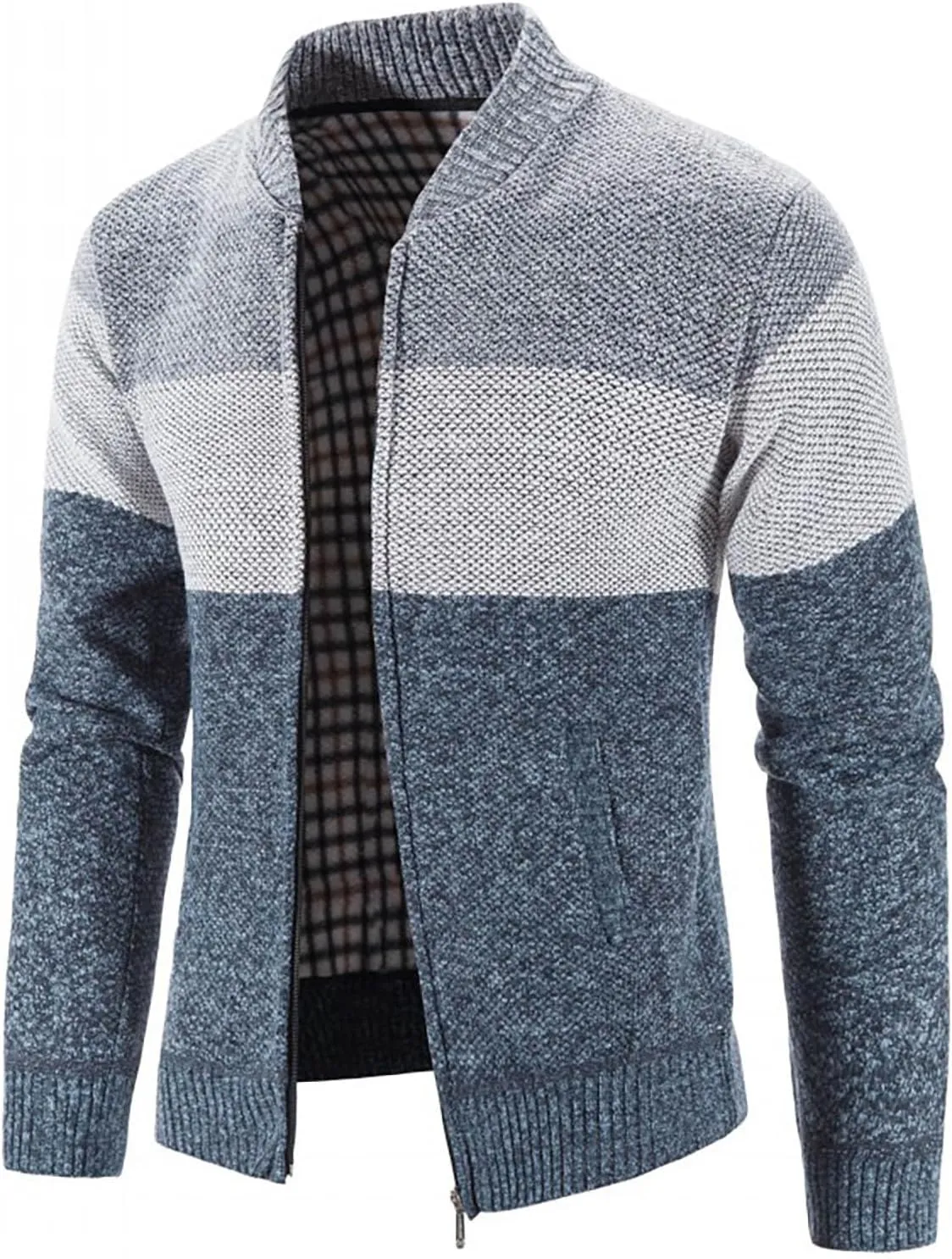 Men's Full Zip Knitted Cardigan Sweater Stand Collar Slim Fit Casual Long Sleeve Cable Knit Sweater with Pockets