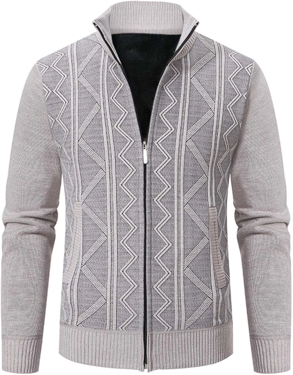 Men's Full Zip Knitted Cardigan Sweater Stand Collar Slim Fit Casual Long Sleeve Cable Knit Sweater with Pockets