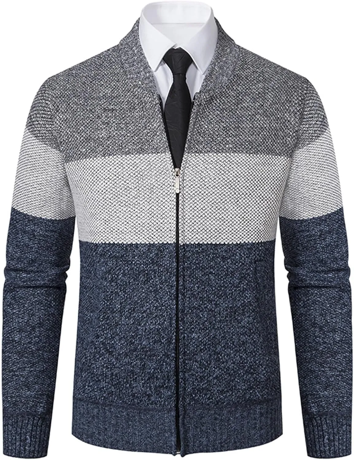 Men's Full Zip Knitted Cardigan Sweater Stand Collar Slim Fit Casual Long Sleeve Cable Knit Sweater with Pockets
