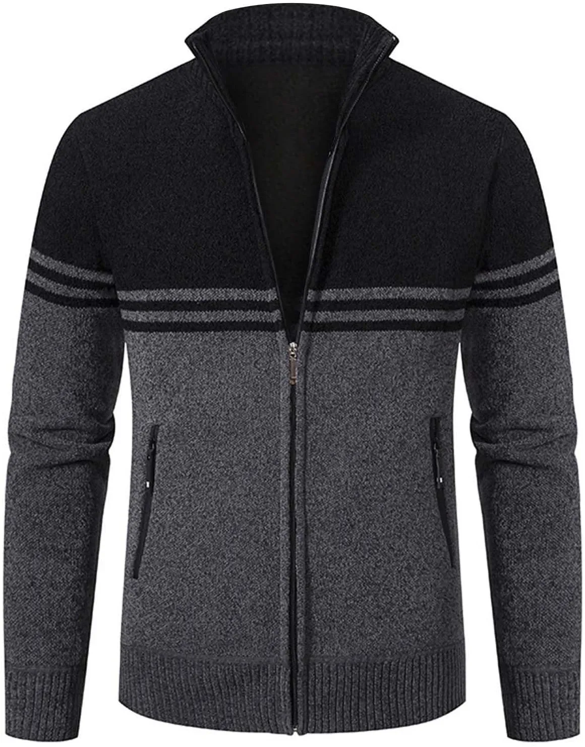 Men's Full Zip Knitted Cardigan Sweater Stand Collar Slim Fit Casual Long Sleeve Cable Knit Sweater with Pockets