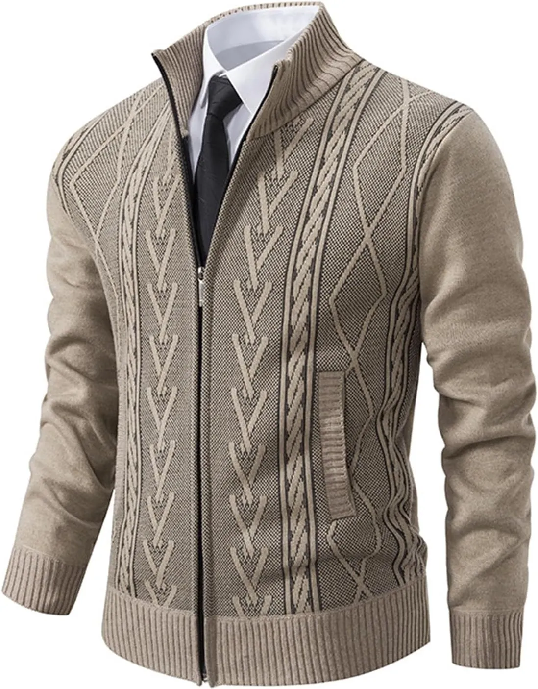 Men's Full Zip Knitted Cardigan Sweater Stand Collar Slim Fit Casual Long Sleeve Cable Knit Sweater with Pockets