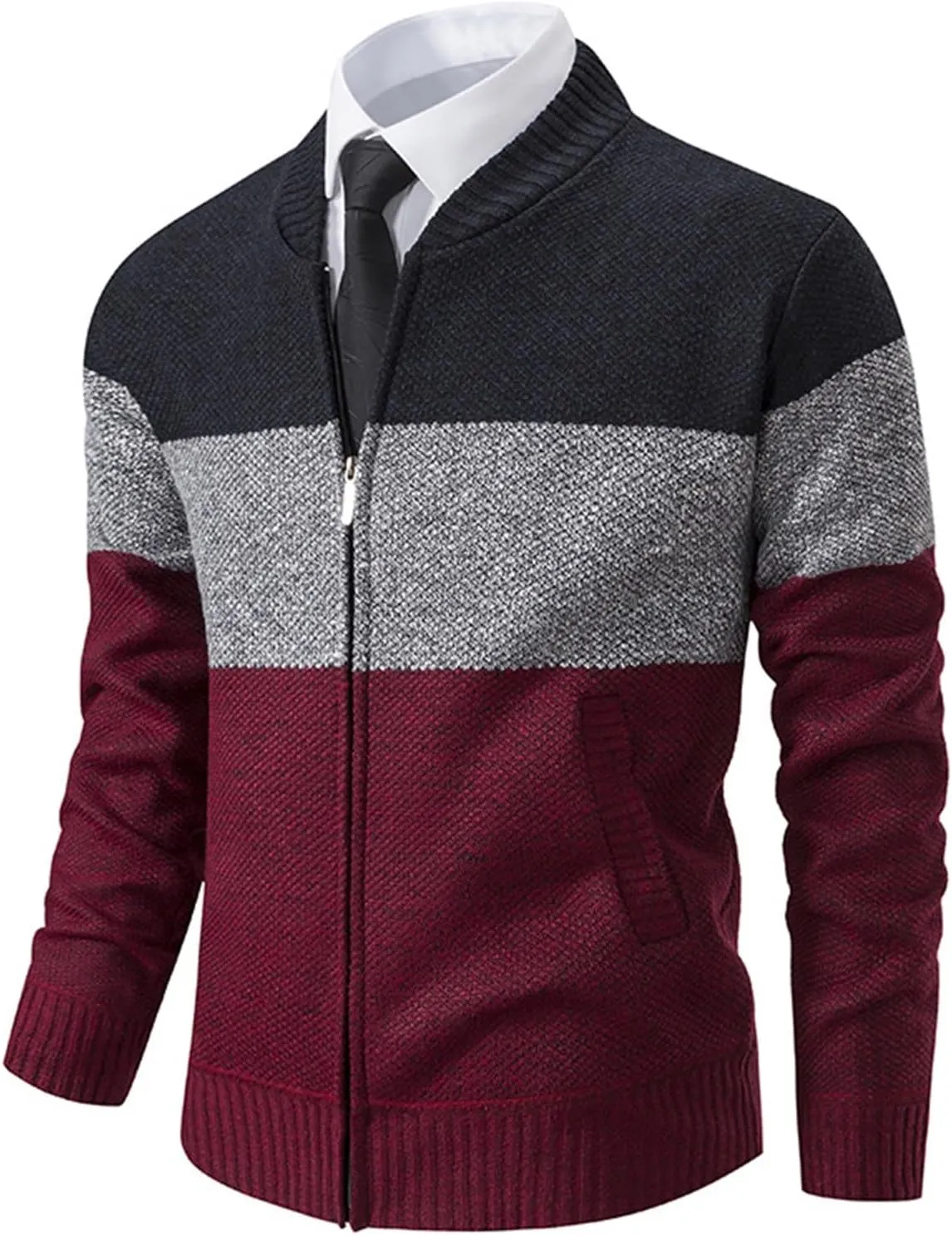 Men's Full Zip Knitted Cardigan Sweater Stand Collar Slim Fit Casual Long Sleeve Cable Knit Sweater with Pockets