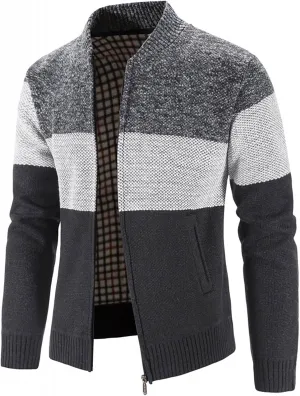 Men's Full Zip Knitted Cardigan Sweater Stand Collar Slim Fit Casual Long Sleeve Cable Knit Sweater with Pockets