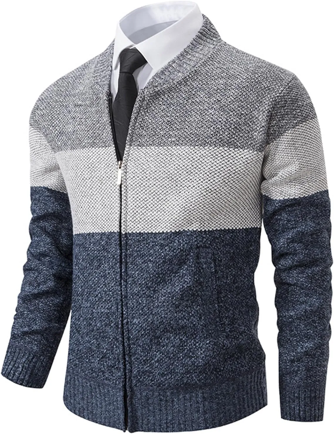 Men's Full Zip Knitted Cardigan Sweater Stand Collar Slim Fit Casual Long Sleeve Cable Knit Sweater with Pockets