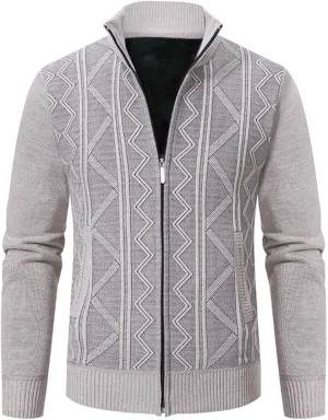 Men's Full Zip Knitted Cardigan Sweater Stand Collar Slim Fit Casual Long Sleeve Cable Knit Sweater with Pockets